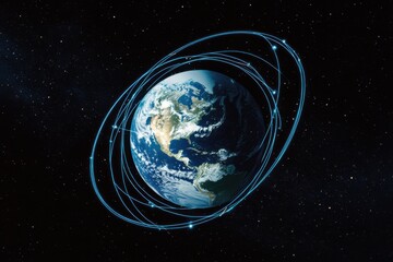Naklejka premium An illustration of the Earth with blue lines connecting various locations around it, symbolizing a global network and connectivity Generative AI