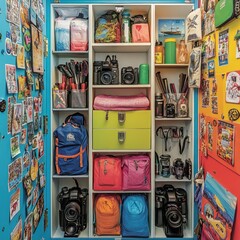 A Colorful Cabinet Filled with Travel Gear and Equipment