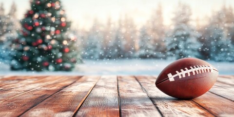 Empty wooden table with a football  ball with a blurred background of Christmas tree in a winter forest, suitable for product display, mockup, or design templa