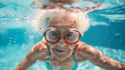 Fototapeta premium an elderly woman swims in the pool.