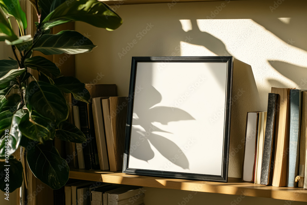 Aufkleber black framed white picture sits on a shelf next to a large collection of books. the shelf is illumin