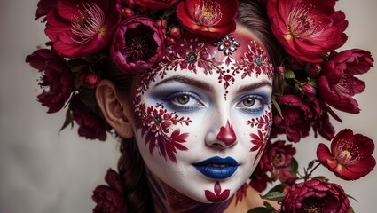 Floral Face Art with Red Flowers and Fantasy Makeup for Creative Beauty Portraits