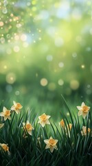 Fototapeta premium Daffodils blooming in a serene green field during springtime in soft morning light