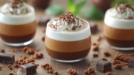 Three glasses of chocolate mousse dessert topped with whipped cream and chocolate shavings.