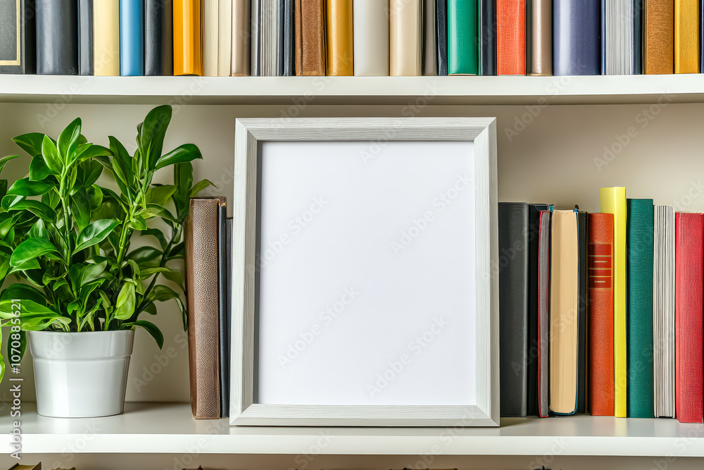 Poster black framed white picture sits on a shelf next to a large collection of books. the shelf is illumin