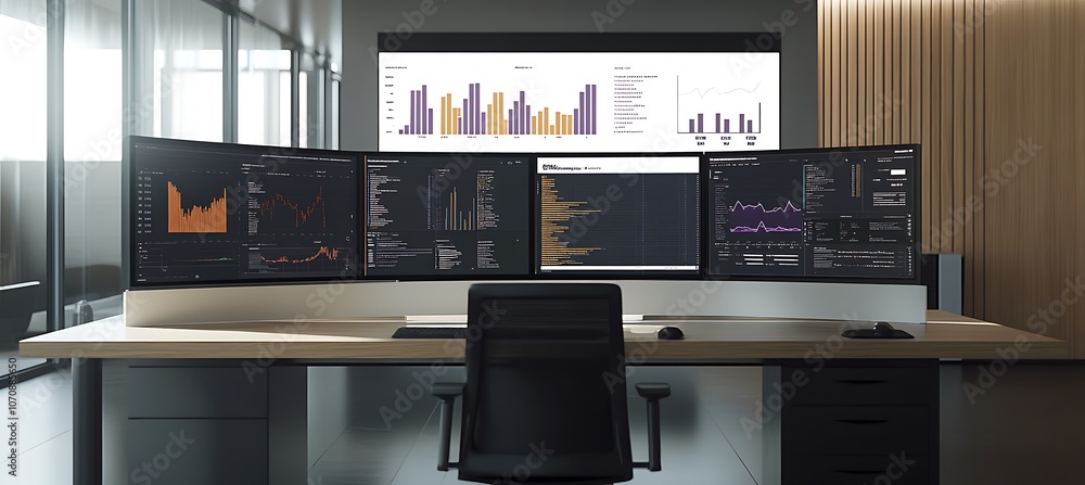 Poster a modern office setup with multiple screens displaying various business data and analytics, set agai