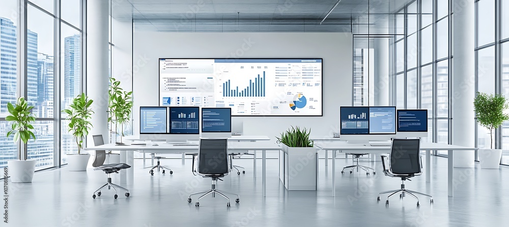 Poster a modern office setup with multiple screens displaying various business data and analytics, set agai