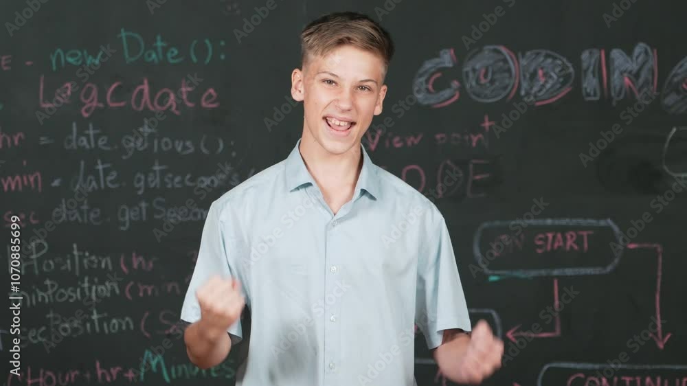 Poster handsome adult standing at blackboard with engineering code or prompt while attend in stem class. st