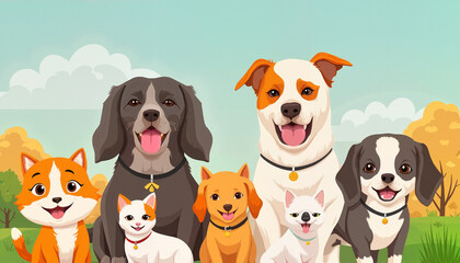 Cheerful cartoon dogs posing together in a colorful outdoor setting with bright sky and trees