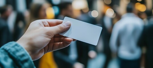 A sleek business card being handed over during a networking event, with a blurred background of people mingling