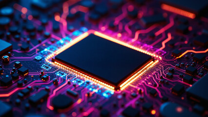 a close-up of a computer chip on a colorful printed circuit board