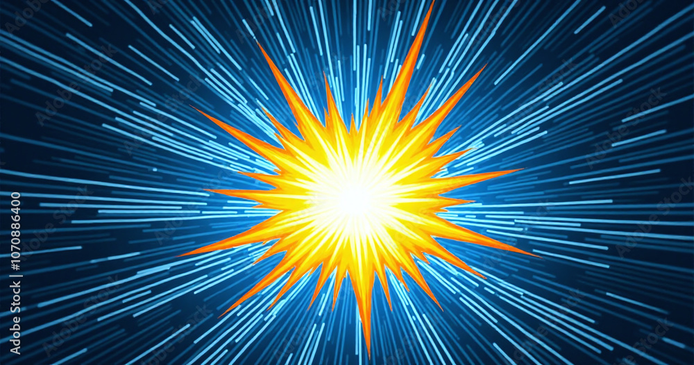Poster electric blue and vibrant yellow rays form a dynamic and explosive background with vertical texture 