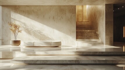 A serene, minimalist interior space featuring soft lighting and elegant steps.