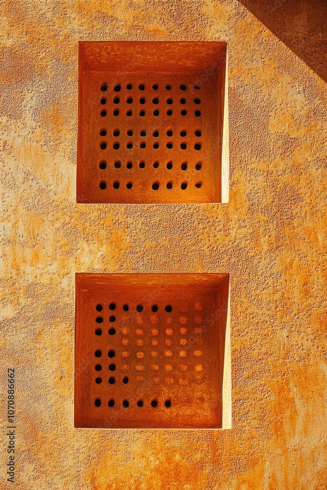 Poster a building with two square holes on its side, suitable for architectural or construction-related con