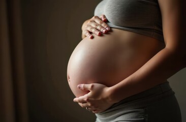 pregnant woman caressing belly in intimate moment