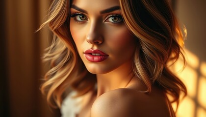 Fototapeta premium Captivating Portrait of a Beautiful Woman with Flowing Hair and Striking Eyes