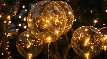Transparent balloon lights with a golden color and glow