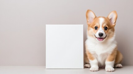 Obraz na płótnie Canvas A playful puppy with fluffy fur and big ears sits next to a plain white canvas looking directly at the camera with a joyful smile. The bright studio setting highlights its charm and cuteness