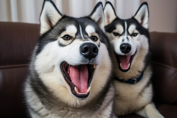 Obraz premium Two happy Siberian Huskies with open mouths sitting comfortably on a couch, exuding joy and playfulness in a cozy indoor setting.