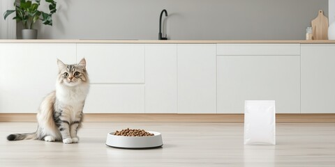 A fluffy cat happily sits next to an empty dog bowl with an unmarked bag of cat food nearby in a sleek and bright modern kitchen filled with natural light
