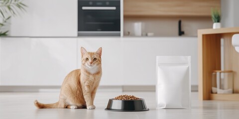 A cheerful orange cat sits beside an empty dog bowl while a plain bag of cat food lies on the floor in a bright modern kitchen. The atmosphere is calm and inviting