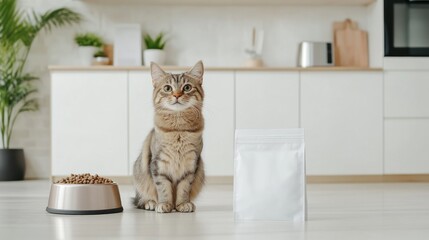 A joyful cat sits comfortably next to an empty dog bowl with a plain bag of cat food nearby. The kitchen has a modern design and a bright ambiance creating a cheerful atmosphere