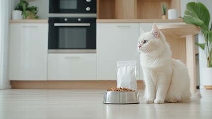 In a modern kitchen a striking white fluffy cat sits beside an empty dog bowl and a plain mockup of cat food gazing thoughtfully at its surroundings in a clean stylish space