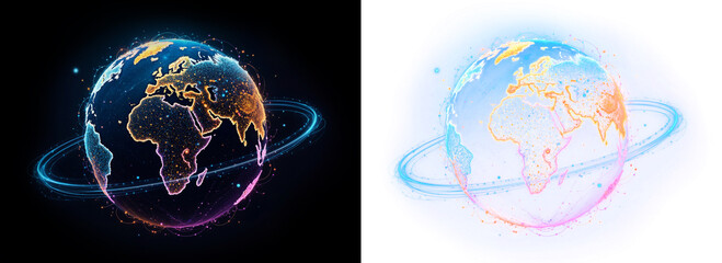 a glowing, abstract representation of the earth , dotted lines connecting the continents, on black or transparent alpha background
