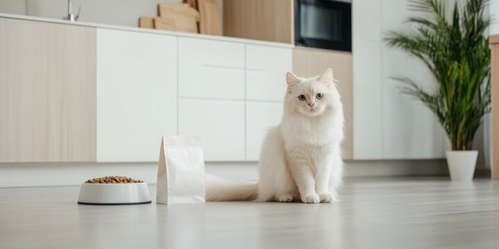 A fluffy white cat sits contently next to an empty dog bowl and a bag of cat food in a stylish modern kitchen highlighting the peaceful ambiance of the space during the day
