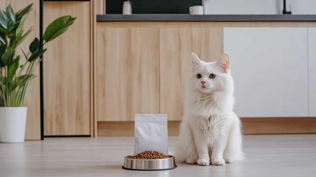 A fluffy white cat sits attentively next to an empty dog bowl while a plain bag of cat food rests on the floor in a stylish modern kitchen setting suggesting meal time