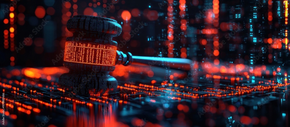 Aufkleber digital gavel on circuit board with red and blue lights