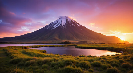 Fototapeta premium a stunning landscape featuring a majestic mountain with a snow-capped peak at sunset, surrounded by a calm pond and lush green grassy field