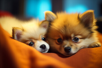 Obraz premium Two adorable Pomeranian puppies lying closely together on a cozy orange blanket, showcasing their fluffy fur and innocent expressions.