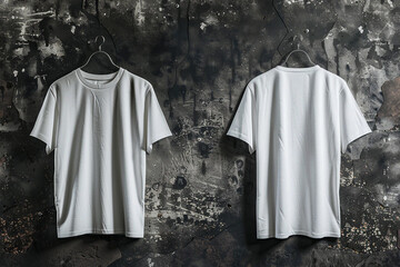 Two white t-shirts hanging on a black grey concrete wall. Empty mockup style.