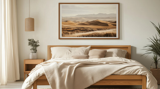 A framed desert landscape print hanging above a low wooden bed with neutral bedding