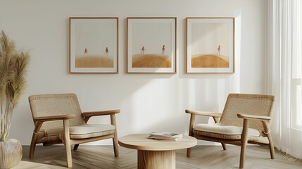 Stylish interior with minimalist chairs and framed artwork in a bright living room