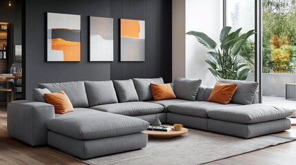 Modern sectional sofa with grey fabric upholstery and orange pillows in a spacious living room.