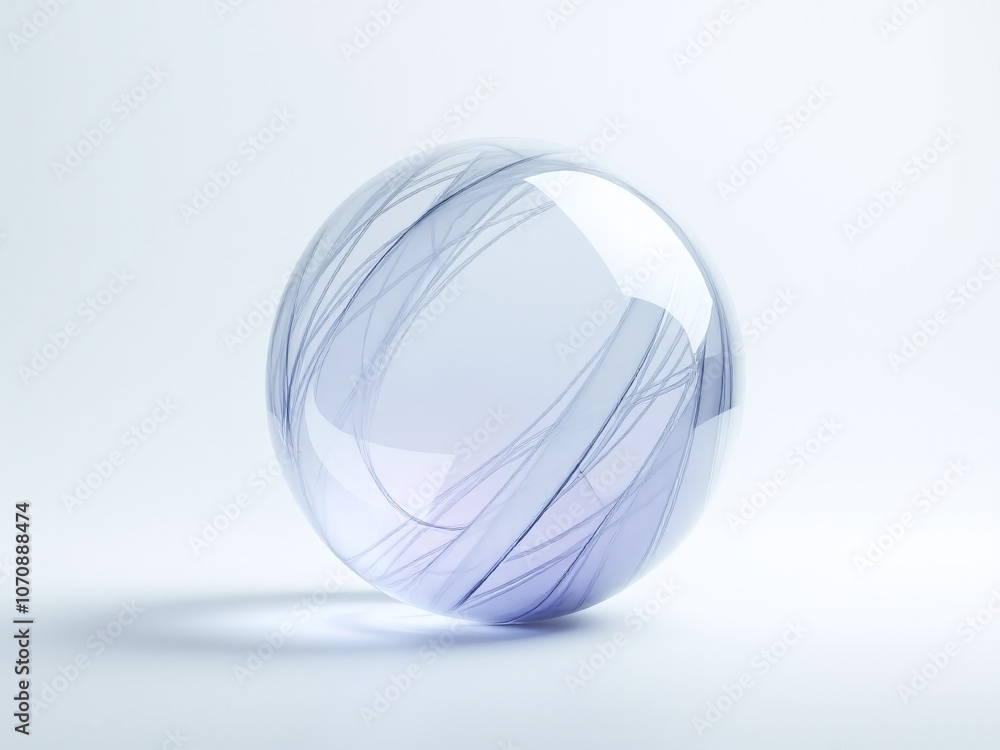 Poster glass sphere with intricate lines and ribbons set against a serene white background rendered in soft