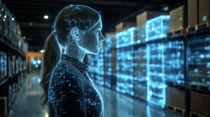 Holographic AI logistics assistant analyzing inventory in a modern warehouse setting