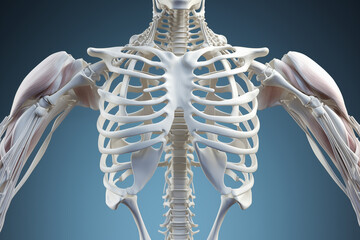 A detailed 3D anatomical model of the human torso highlighting the rib cage and shoulder muscles for educational purposes