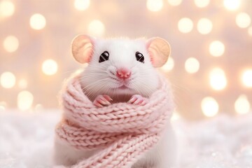 Fototapeta premium White mouse wrapped in knitted scarf with Christmas and New Year bokeh lights background, perfect for winter greeting card, holiday social media, seasonal design and festive stationery