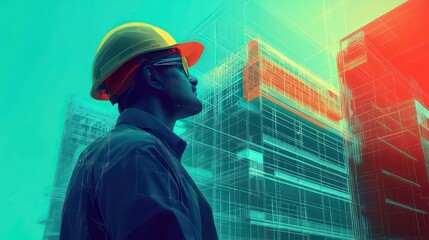 A construction worker observes a building site with digital overlays.