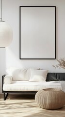 Cozy minimalistic living room with a blank wall and natural textures, perfect for relaxation