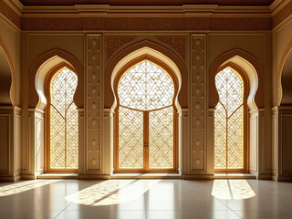Obraz premium Golden Arabic windows and arch frames feature intricate designs common to Islamic architecture and traditional oriental styles in the region