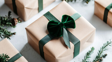 gift box wrapped with brown craft paper and small green velvet bow and narrow ribbon on white background 