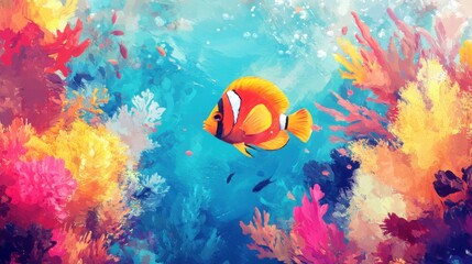 Obraz premium Bold, simple painting of a tropical fish in bright coral colors, stylized underwater scene.