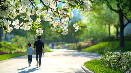 Obraz premium A father and son walk hand-in-hand along a path lined with lush greenery and blooming trees in a park setting. The sun shines brightly, casting a warm glow on the scene.
