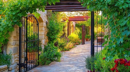 A picturesque garden pathway framed by greenery and stone architecture.