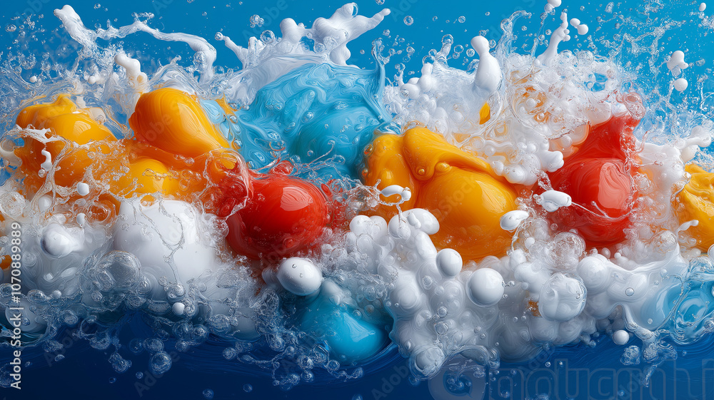 Poster vibrant colors splash in dynamic wave of paint and bubbles, creating energetic scene
