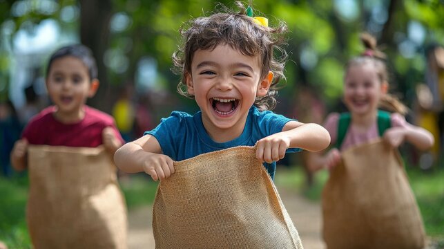 A young boy laughs as he races in a sack race with other kids. This is a fun outdoor activity perfect for a summer day.